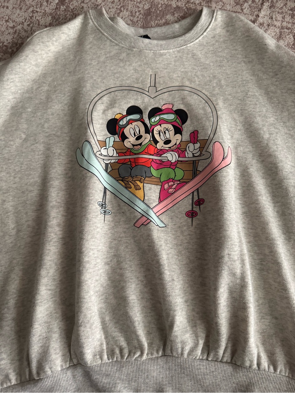 H&M Light Gray Mickey & Minnie Ski Pullover Sweatshirt